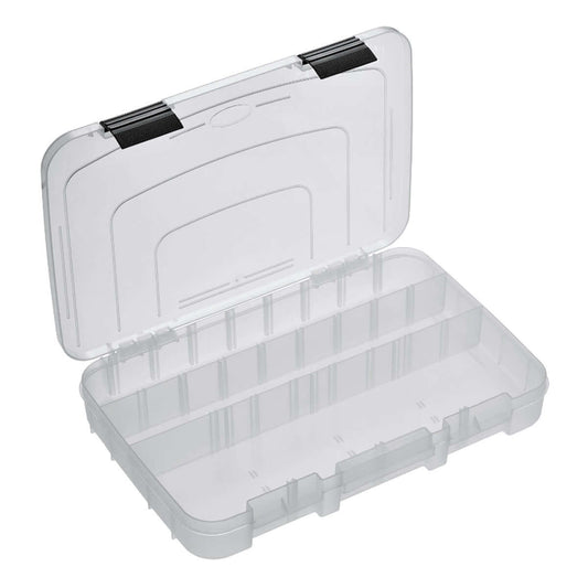 Transparent polypropylene organiser box with adjustable compartments for versatile storage solutions.