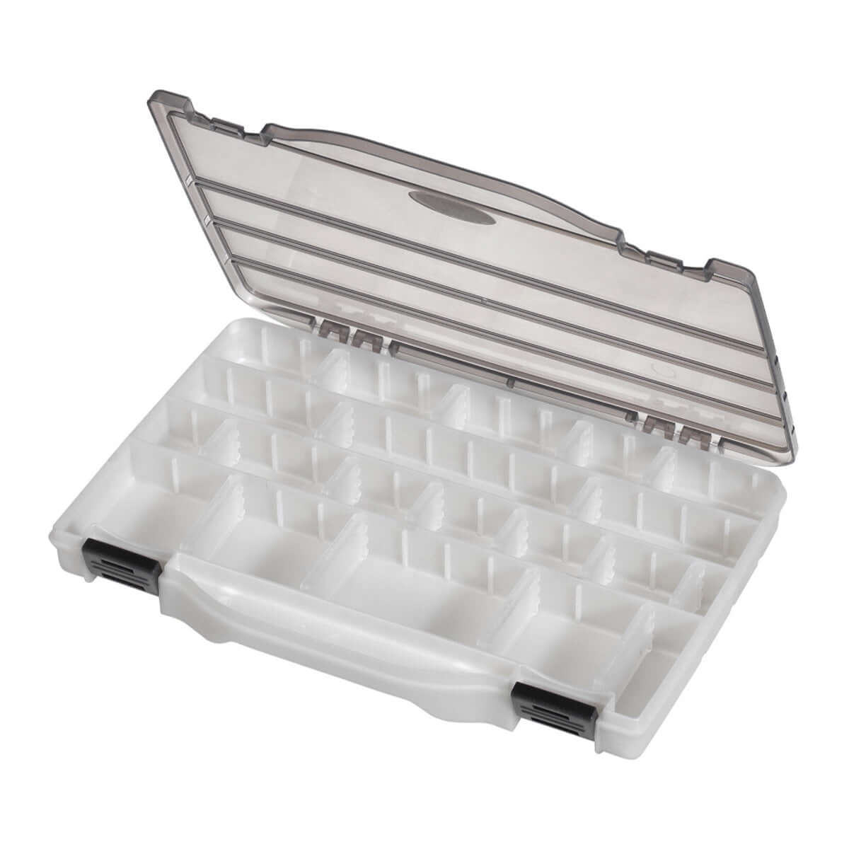 Transparent grey polypropylene organiser box with 4 to 20 adjustable compartments, ideal for organizing various items.