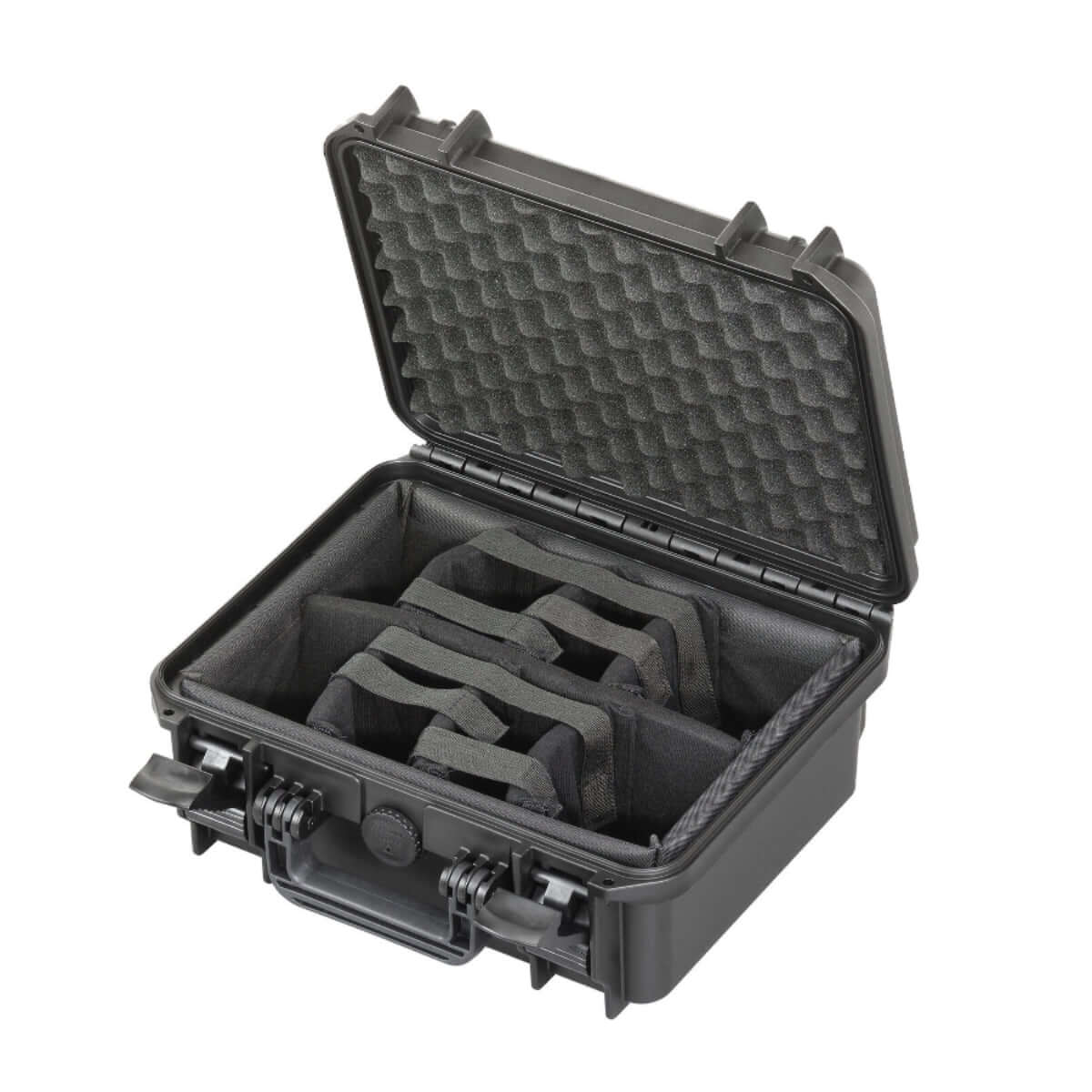 SP PRO 300CAM Black Carry Case with padded dividers, designed for IP67 certified protection of sensitive equipment.
