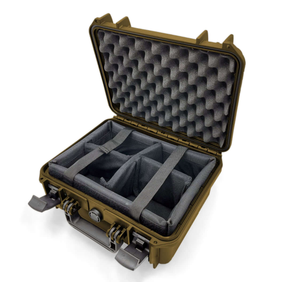 SP PRO 300CAM Sahara Carry Case with padded dividers, dimensions L300xW225xH132mm, IP67 certified for protection against dust and water.