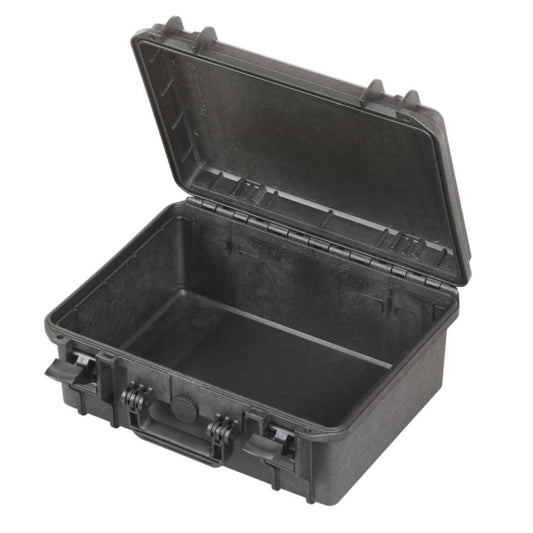 SP PRO 380H160 black carry case with convoluted foam lid, designed to be waterproof and impact-resistant, IP67 certified.