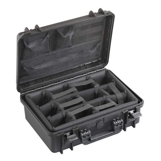 SP PRO 430CAMORG Black Carry Case featuring padded dividers and a lid organizer, dimensions L426xW290xH159mm.
