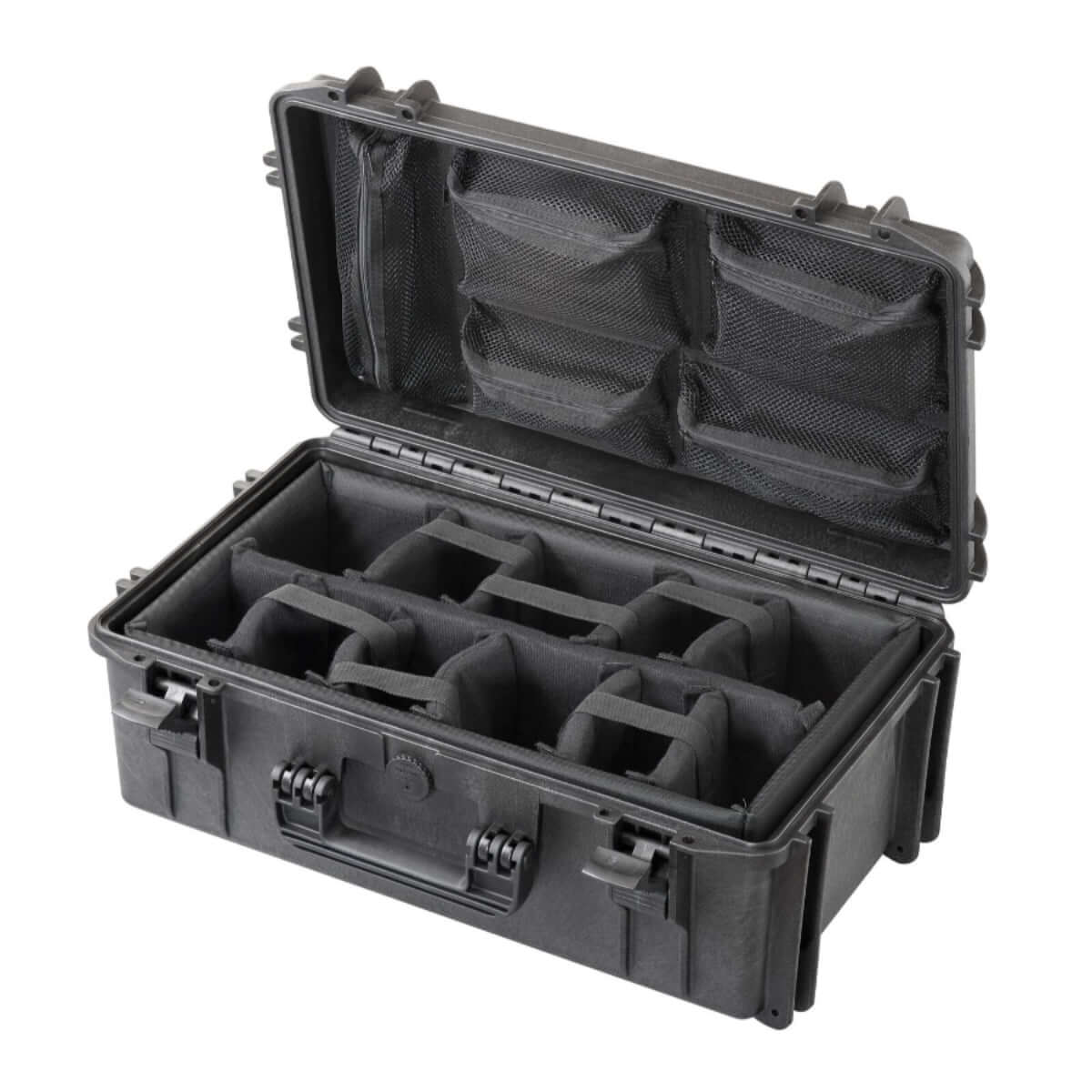 SP PRO 520CAM Black Carry Case with padded dividers, featuring IP67 certification and dimensions of 520x290x200mm.