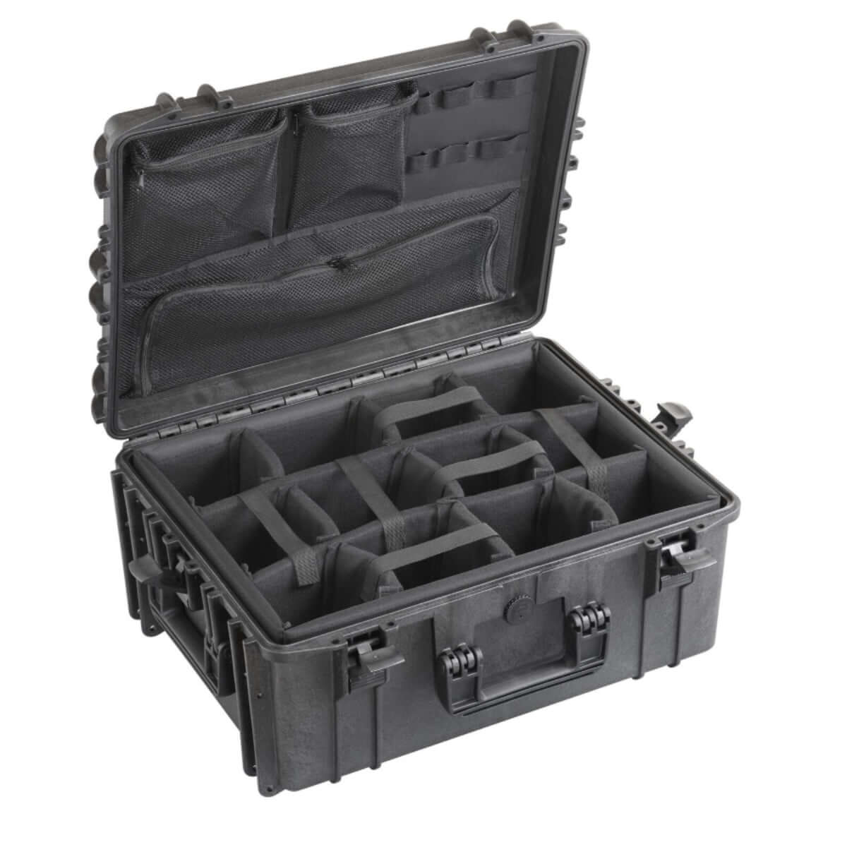 SP PRO 540H245CAMORG Black Carry Case featuring padded dividers and a lid organizer, designed to be IP67 waterproof and ATA 300 certified.