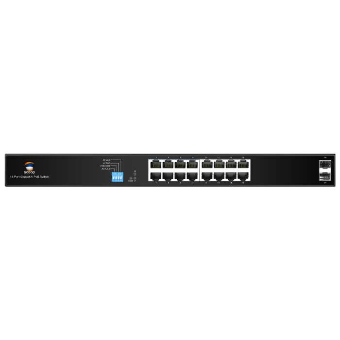 Image of the Scoop 16-Port Gigabit AI PoE Switch with 150W power and 2 SFP ports.