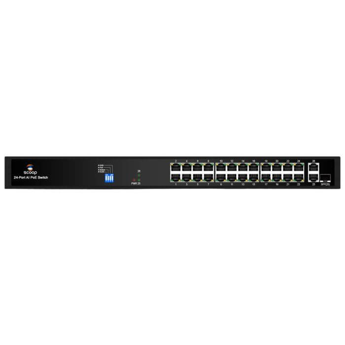Scoop 24-Port Fast Ethernet AI PoE Switch with 250W power and 2 Gigabit ports.