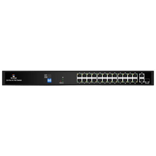 Scoop 24-Port Fast Ethernet AI PoE Switch with 250W power and 2 Gigabit ports.