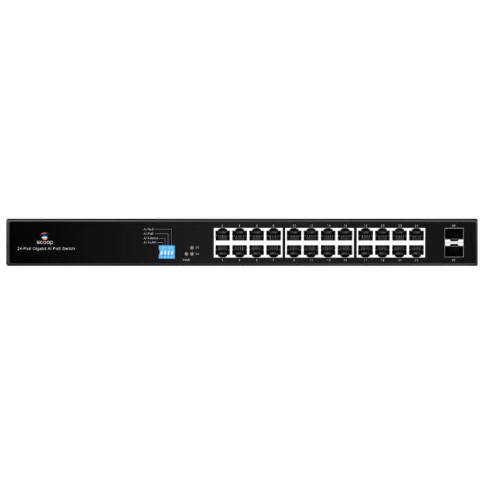 Image of the Scoop 24-Port Gigabit AI PoE Switch with 250W power and 2 SFP ports, showcasing its design and features.