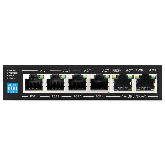 Scoop 6-Port Fast Ethernet AI PoE Switch with 60W power output, showcasing its design and ports.