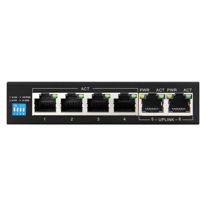 Scoop 6-Port Gigabit AI PoE Switch with 60W power capacity, featuring multiple Ethernet ports for high-speed network connectivity.