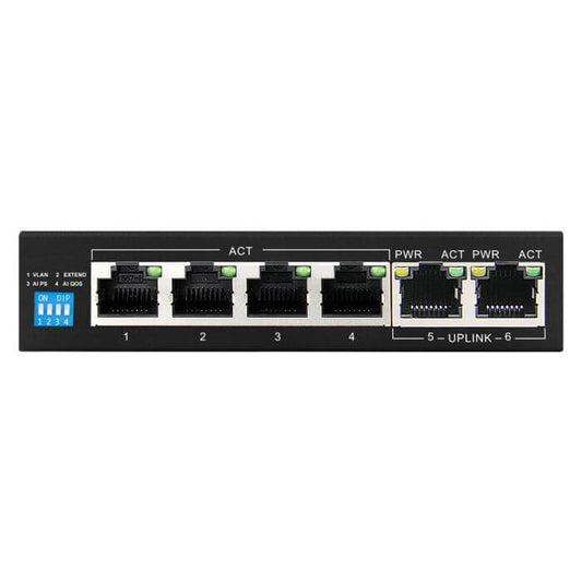 Scoop 6-Port Gigabit AI PoE Switch with 60W power capacity, featuring multiple Ethernet ports for high-speed network connectivity.