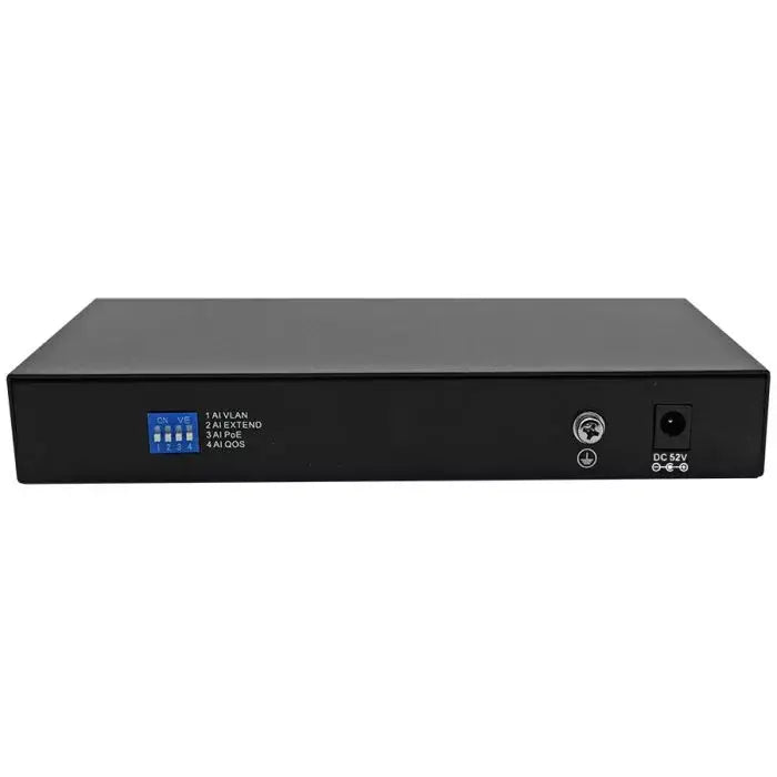 Scoop 10-Port Fast Ethernet AI PoE Switch with 96W power output, showcasing its design and features.