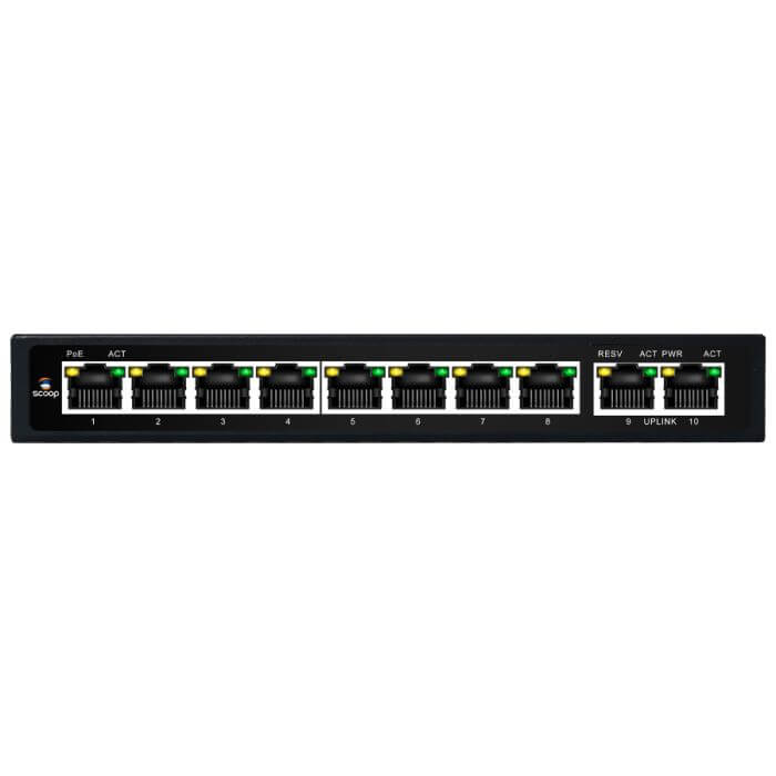 Scoop 8-Port Fast Ethernet AI PoE Switch with 96W power and 2 Gigabit ports, showcasing its sleek design and multiple Ethernet ports.