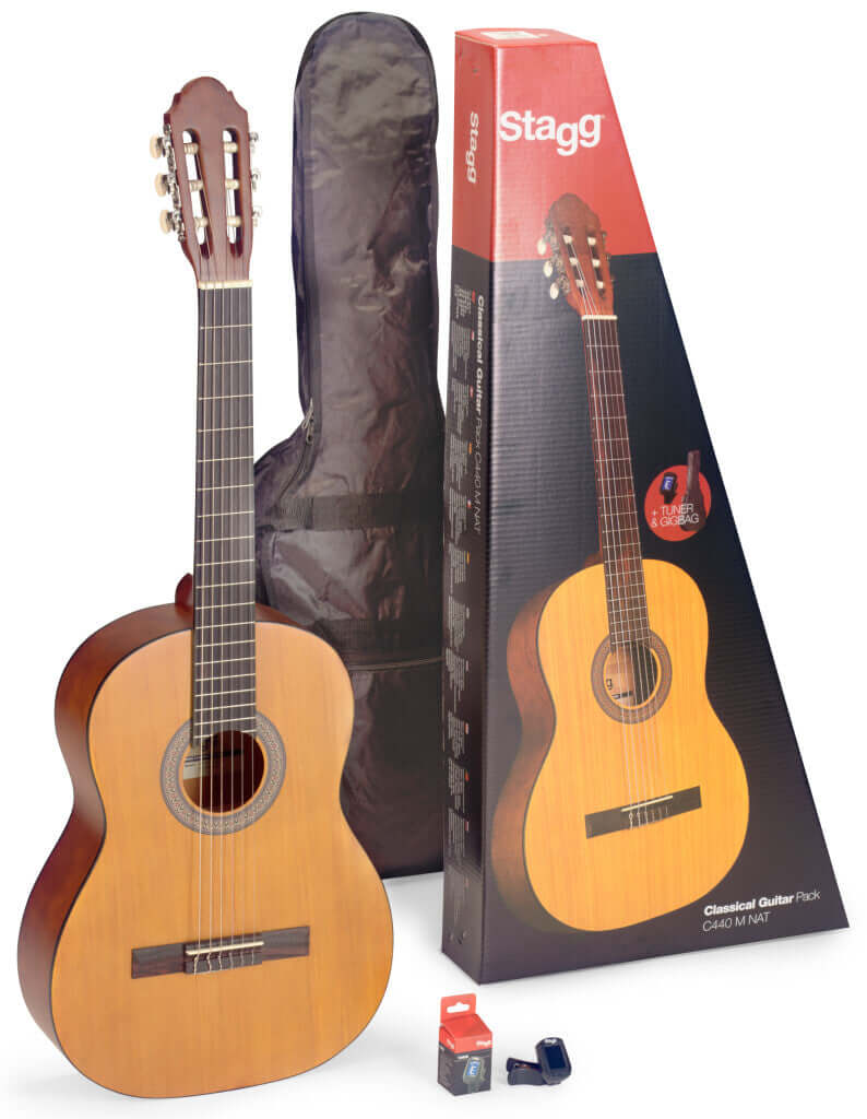 Stagg C410 M BK Pack - 1/2 Size Linden Classical Guitar in Black with a bag and tuner.