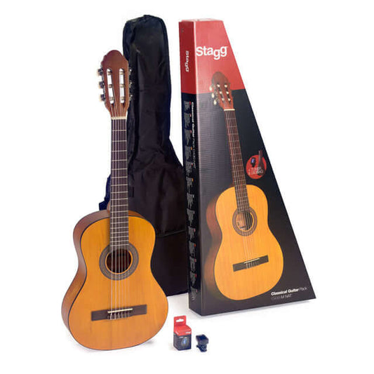 Stagg C410 M NAT Pack - 1/2 Size Linden Classical Guitar in Natural finish, accompanied by a bag and tuner.