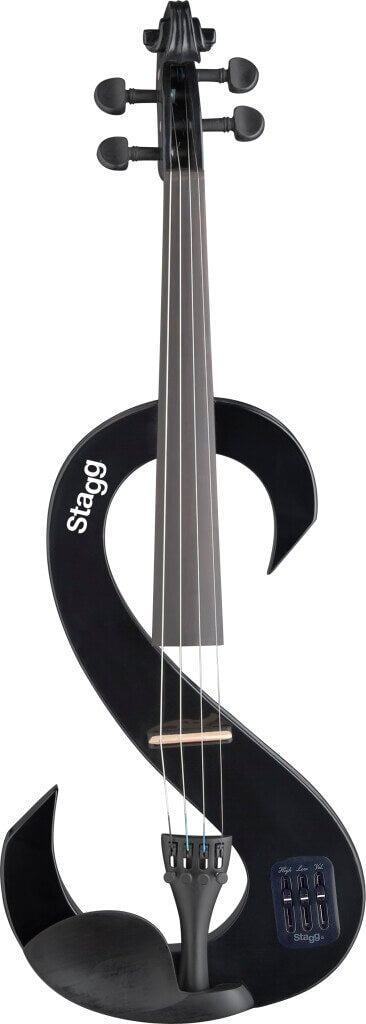 Stagg EVN 44 BK - 4/4 Size Electric Violin in black with 2-Band EQ and headphone output, displayed with a soft case.