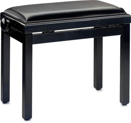 High-gloss black piano bench with a comfortable black vinyl top, designed for optimal seating during piano play.