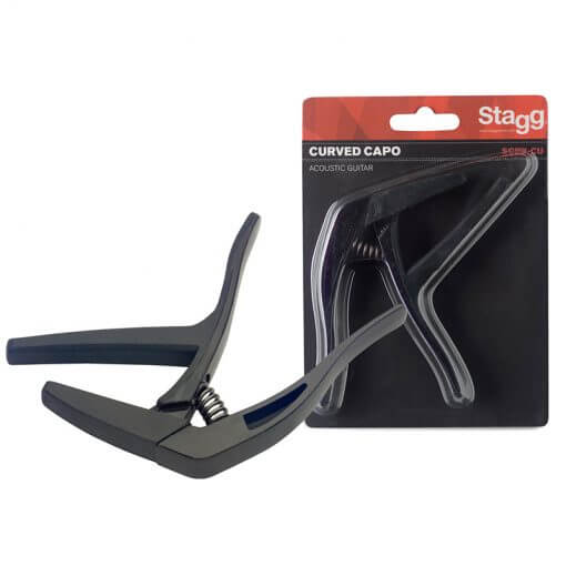 Stagg SCPXCU BK curved guitar capo in black, showcasing its durable metal construction designed for musicians.