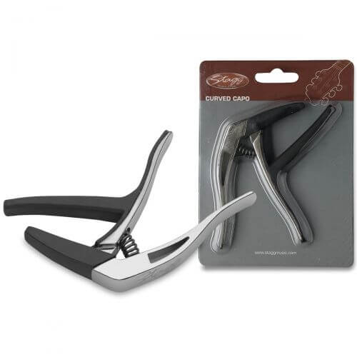 Premium chrome curved guitar capo suitable for both acoustic and electric guitars, showcasing its sleek design.