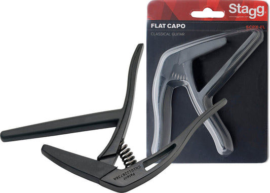 Premium flat guitar capo for classical guitars in black color.