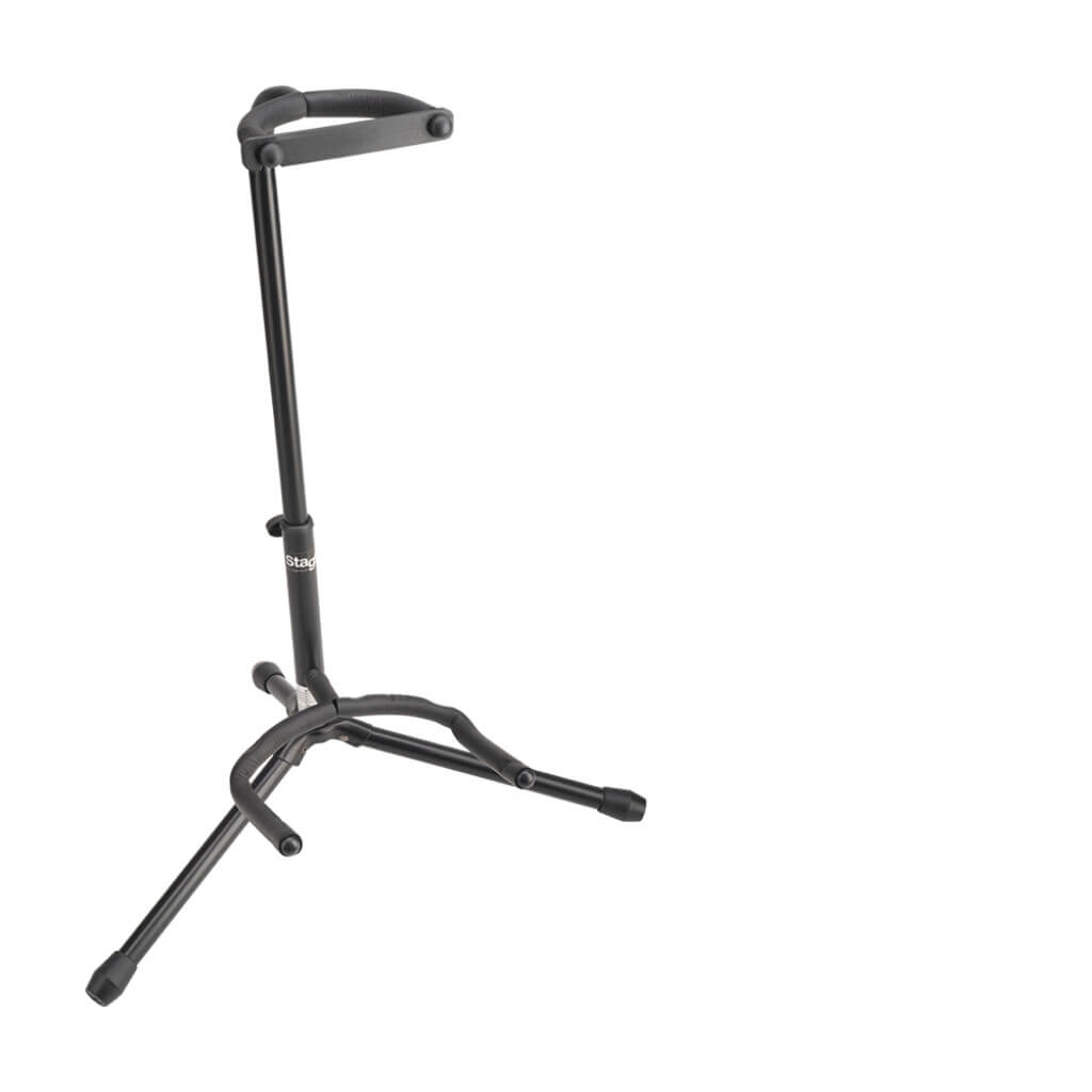 Stagg SGA100 BK tripod guitar stand in black, featuring an adjustable and portable design, ideal for musicians.