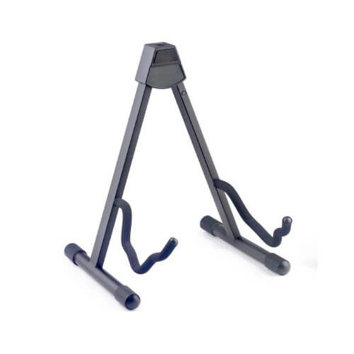 Stagg SGA108 BK Foldable A-frame Acoustic/Electric Guitar Stand in Black, showcasing its design and features.