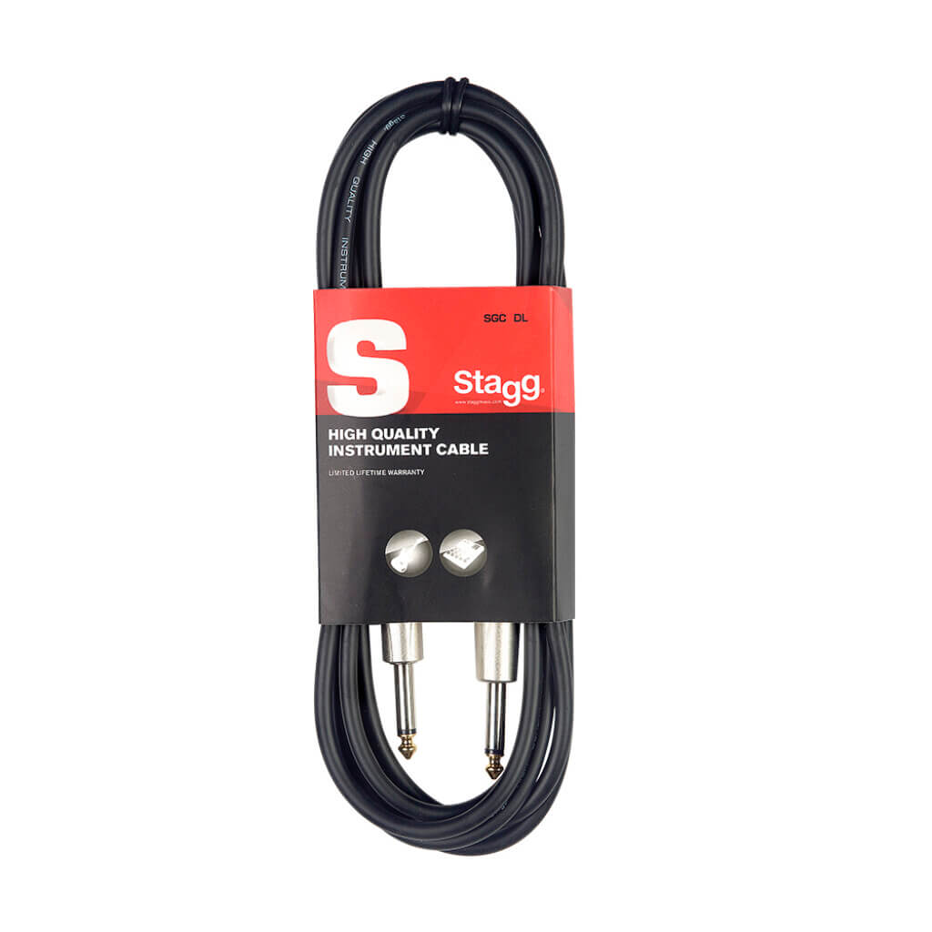 Stagg SGC1.5 instrument cable, 1.5m long with 1/4" to 1/4" connectors, featuring heavy-duty connectors.