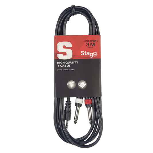 Stagg SYC1 MPSB2P 1m 3.5mm Mini Stereo to Dual 1/4" Audio Cable displayed on a white background.