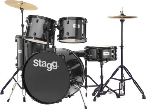 Stagg TIM122B BK 5-Piece 22-inch Drum Set in black color, complete with hardware, cymbals, and throne.