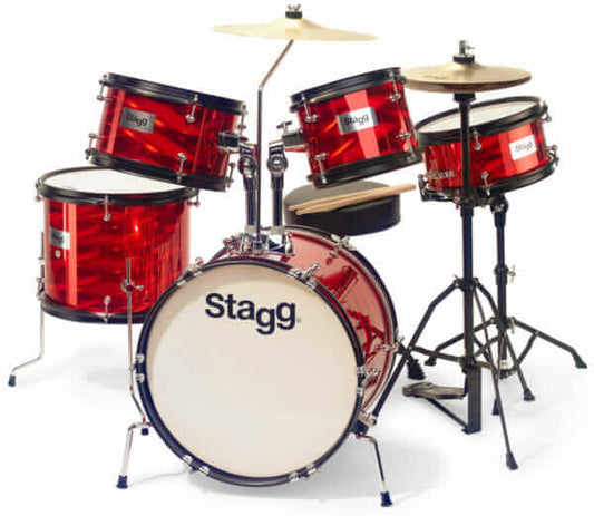 Stagg TIMJR516 RD 5-Piece 16" Junior Drum Set in Red with hardware and throne.