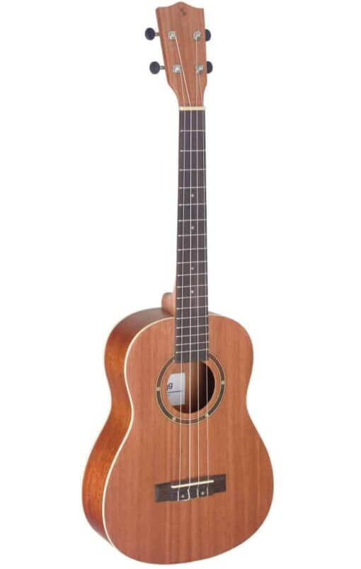 Stagg UB-30 Baritone Mahogany Ukulele displayed with a gig bag.