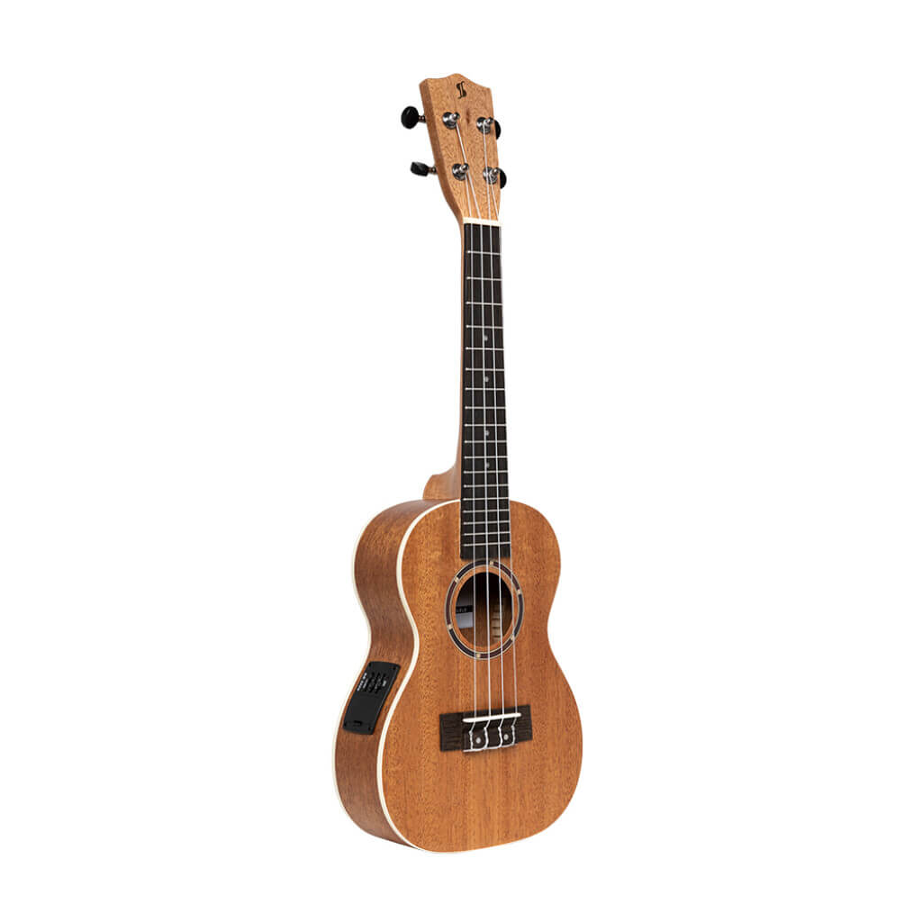 Stagg UC 30 Concert Mahogany Ukulele displayed with its gig bag.
