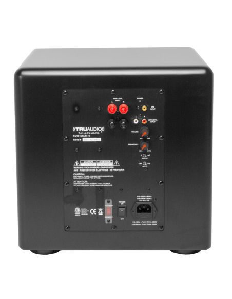 TruAudio Compact Series 10-inch powered subwoofer featuring dual passive radiators and 250W power output.