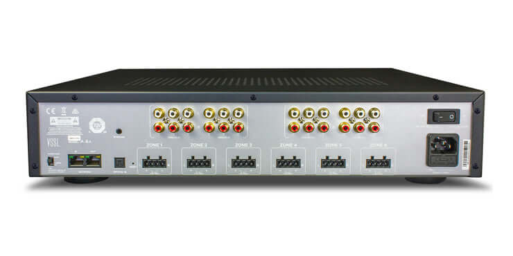 VSSL A.6X Audio Streaming Amplifier showcasing its sleek design and connectivity options.