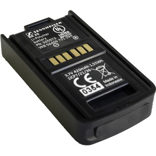 Top view of the Sennheiser BA 20 Recharging Battery Pack, designed for AVX EKP digital wireless systems, with a 3.6V lithium-ion battery and USB charging capability.