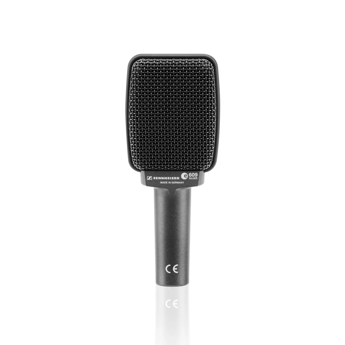 Front view of the Sennheiser E 609 Super Cardioid Instrument Microphone, Silver, XLR-3M.