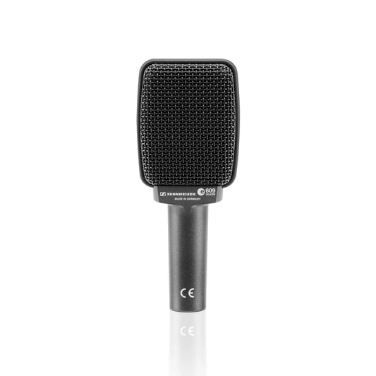 Front view of the Sennheiser E 609 Super Cardioid Instrument Microphone, Silver, XLR-3M.