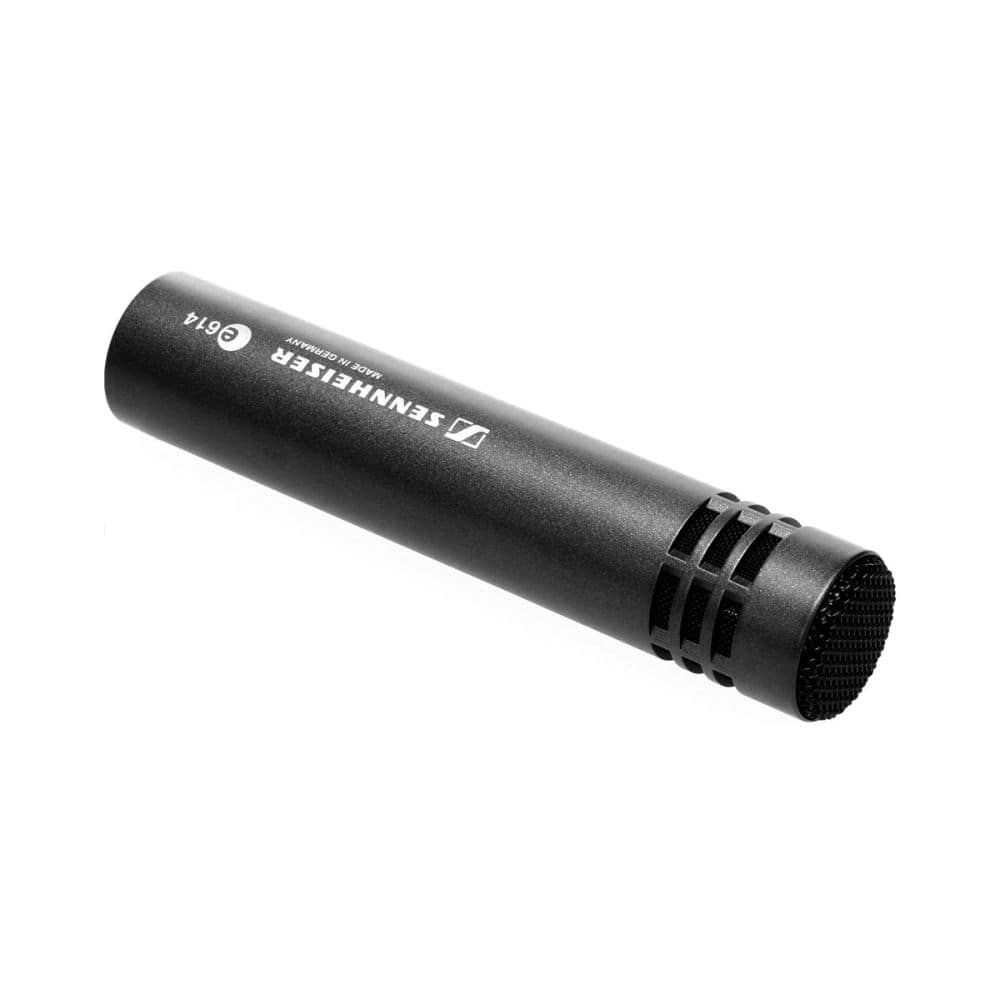 Side front 45 degree angle view of the Sennheiser E 614 Super Cardioid Instrument Microphone.
