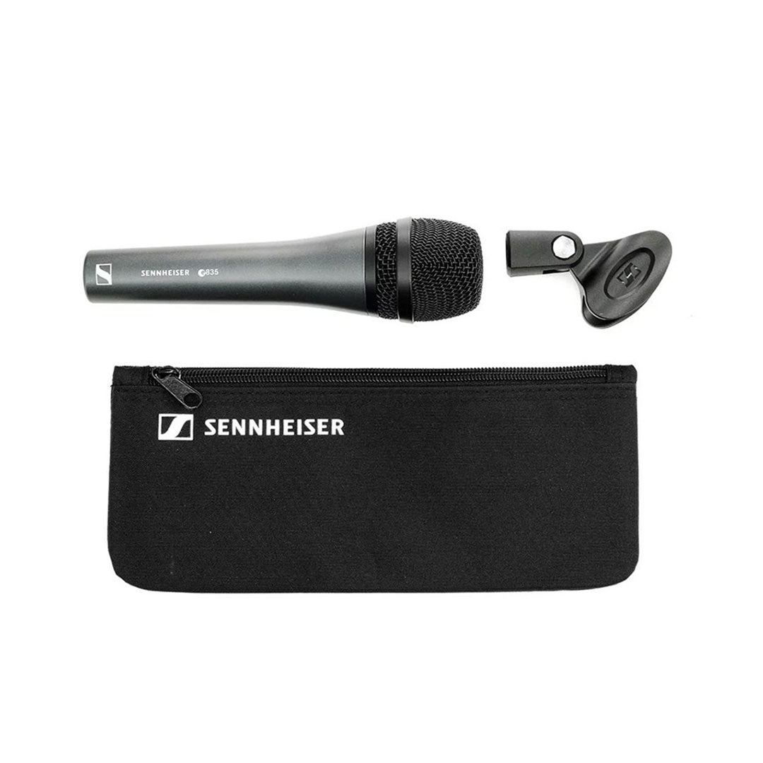 Top view of the Sennheiser E835 Dynamic Cardioid with Mic Clip and Pouch.