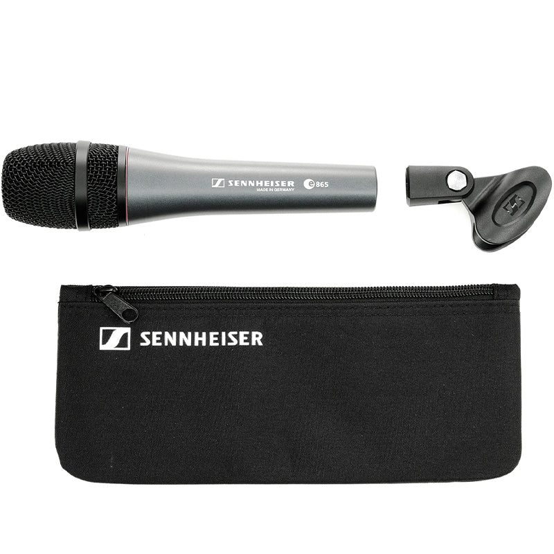 Top view of the Sennheiser E 865 Super Cardioid Condenser Microphone with Microphone Clip and Pouch.
