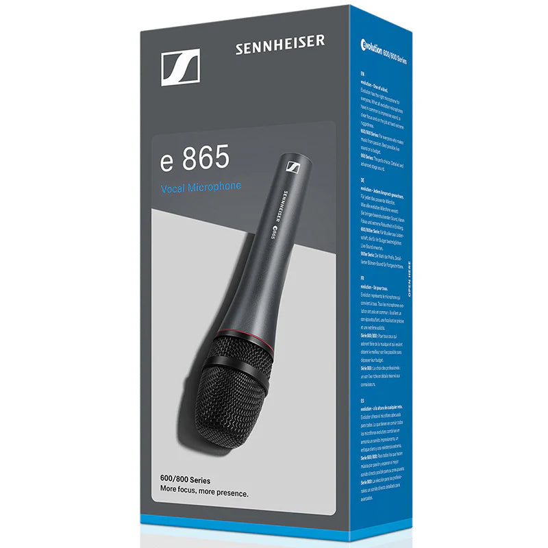 Front view of the Sennheiser E 865 Super Cardioid Condenser Microphone with Microphone Clip and Pouch in the box.