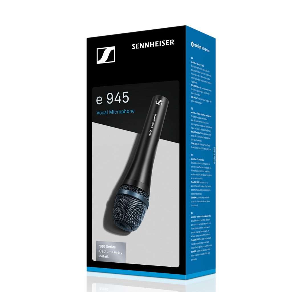 Front view of the Sennheiser E 945 Dynamic Super Cardioid Microphone, XLR-3M boxed.