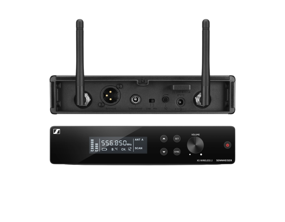 Front view of the front and back of the Sennheiser EM-XSW 2-B Wideband FM Receiver, showing metal housing and detachable antennas.