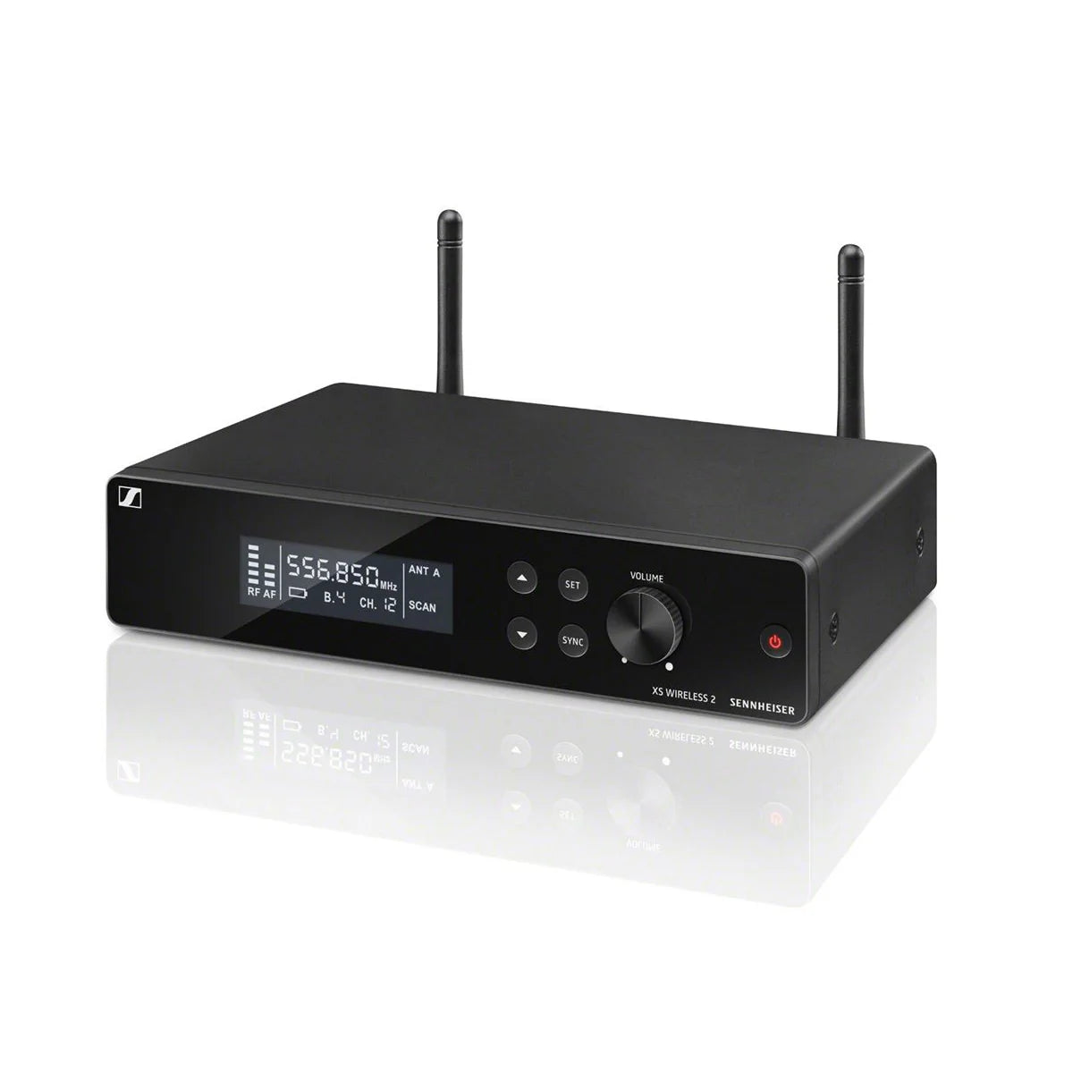 Top view of the Sennheiser EM-XSW 2-B Wideband FM Receiver, showing metal housing and detachable antennas.