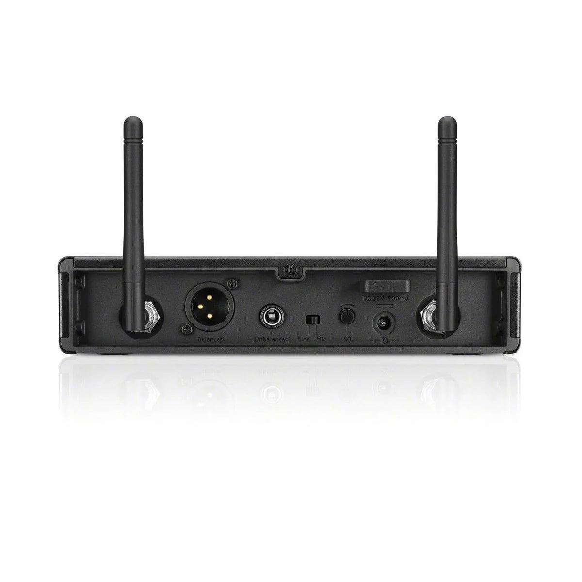 Back view of the Sennheiser EM-XSW 2-B Wideband FM Receiver, showing metal housing and detachable antennas.