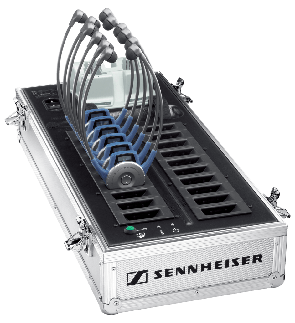 Front view of the Sennheiser EZL 2020-20L TourGuide, Charging Case with Bays for HDE 2020, SK 2020 & BA 2015.