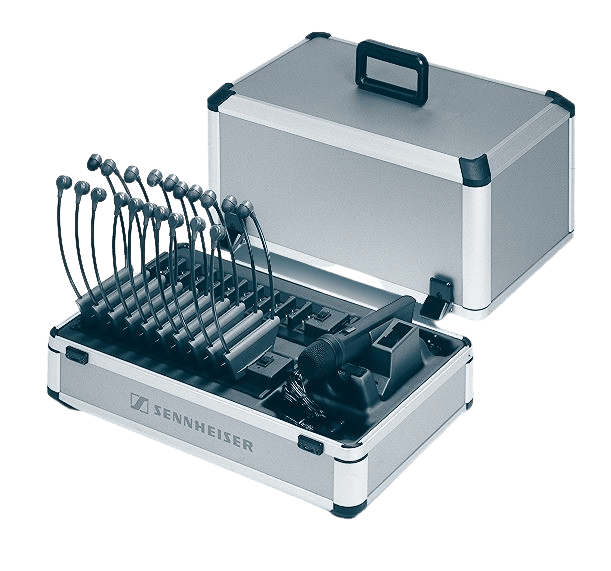 Front 45 degree angle view of the Sennheiser EZL 2020-20L TourGuide, Charging Case with Bays for HDE 2020, SK 2020 & BA 2015 with case lid.