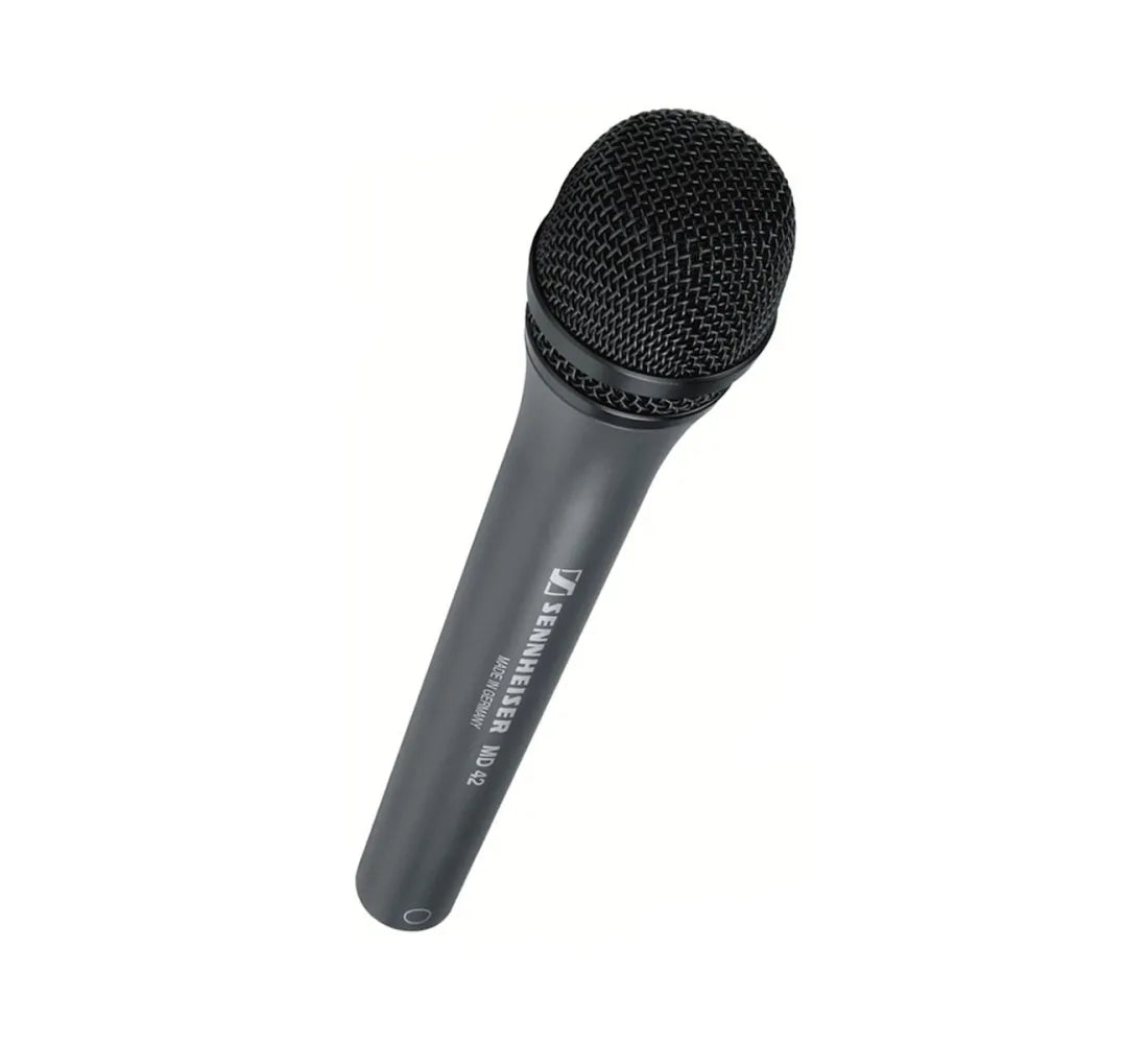 Front 45 degree angle view of the Sennheiser MD 42 Dynamic Omni-directional Reporter's Microphone, Extra Long, XLR-3M.
