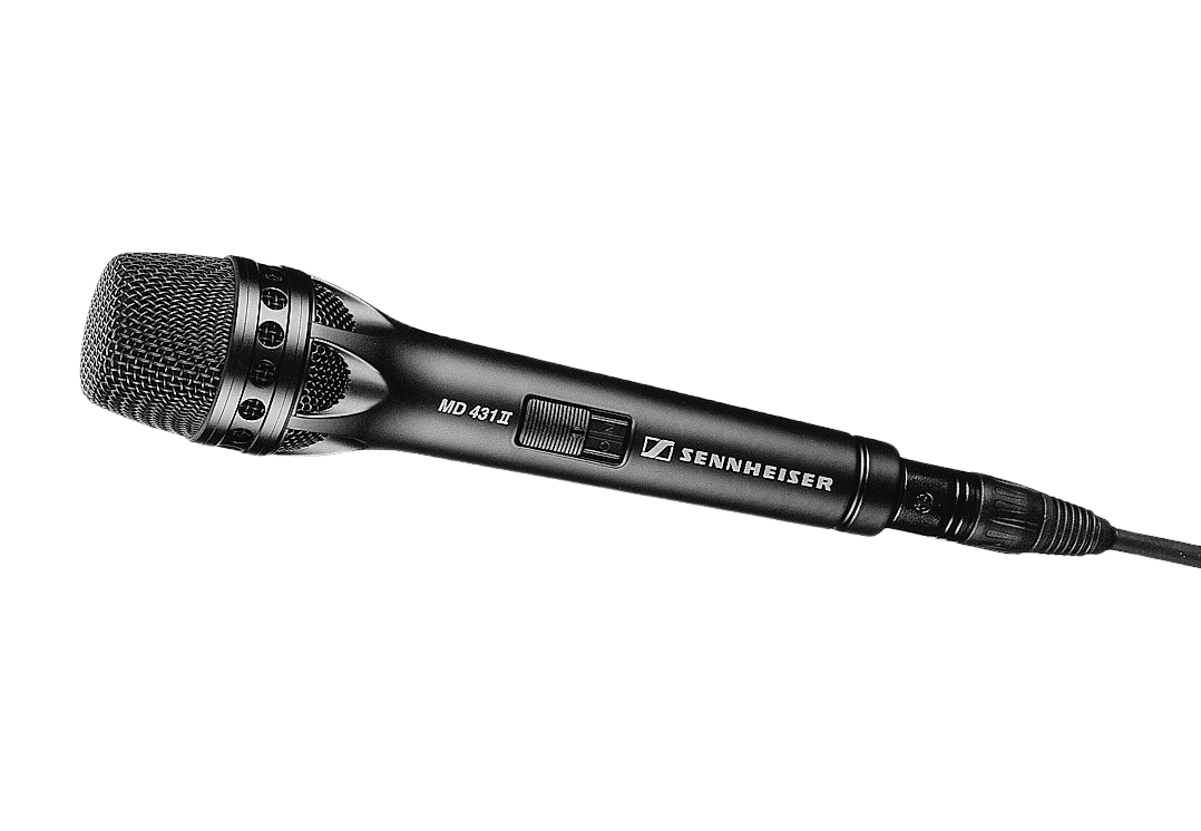 Left 45 degree angle view of the Sennheiser MD 431-II Dynamic Super Cardioid Microphone for professional use.