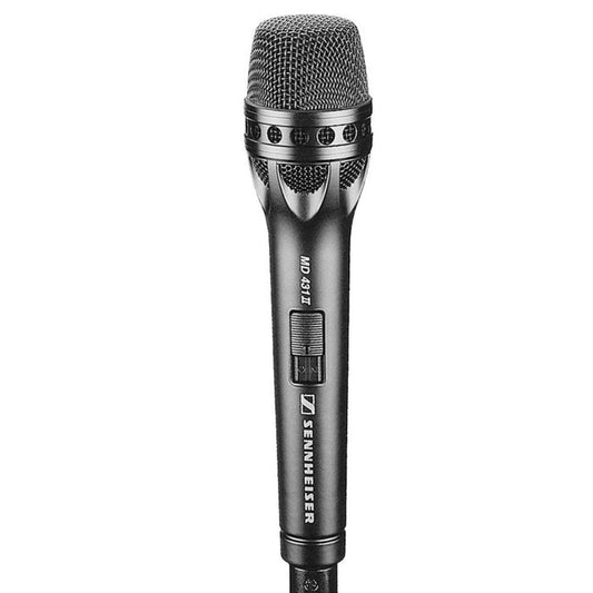 Front view of the Sennheiser MD 431-II Dynamic Super Cardioid Microphone for professional use.
